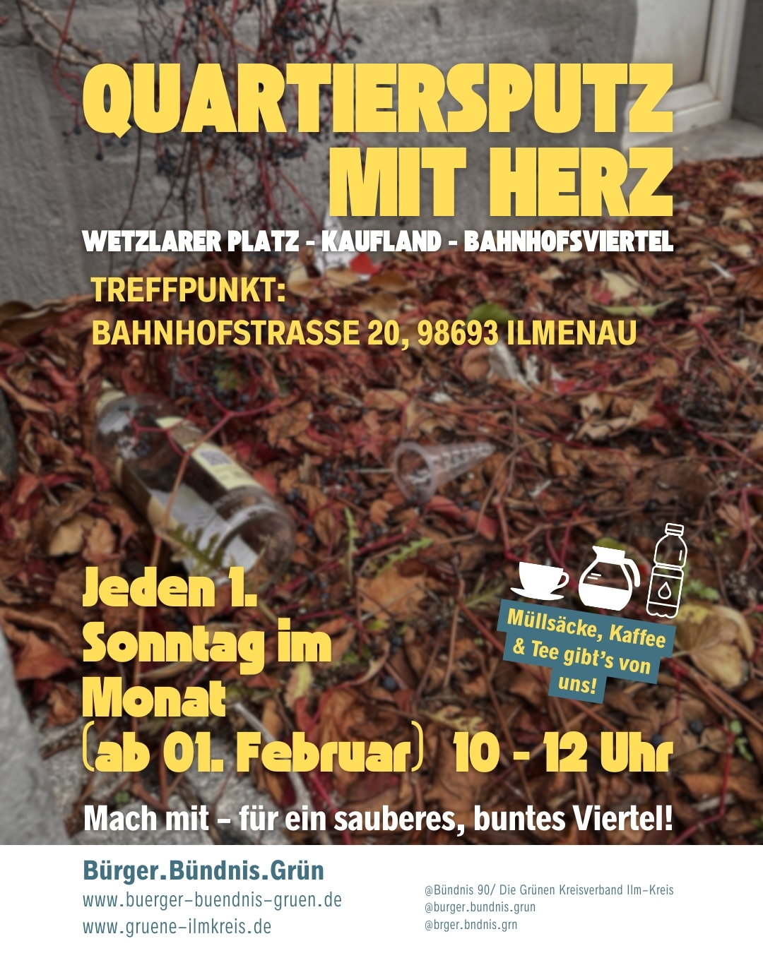 Einladung zum Quartiersputz, man sieht im Hintergrund Müll und im Vordergrund die Daten zur Einladung